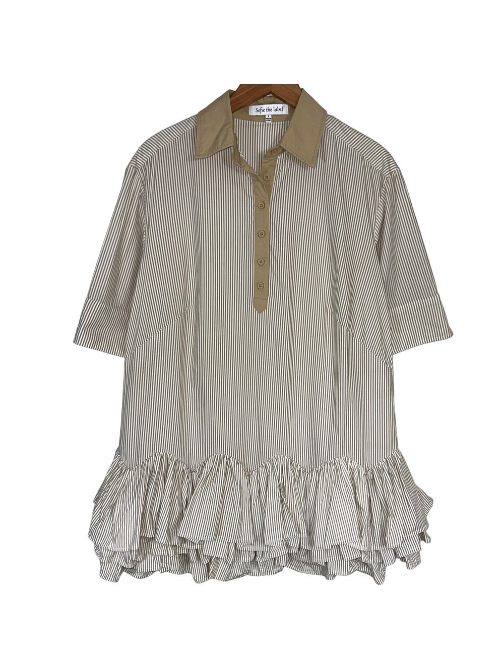 Sofie the Label Tan Stripe Ivanna Layered Flounce Hem Shirt Mini Dress Size S